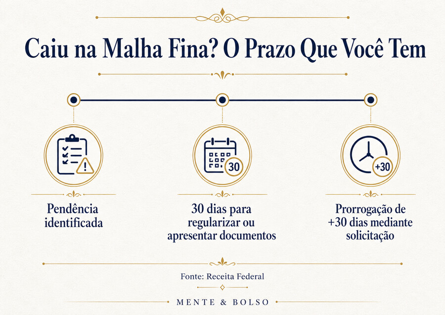 Infográfico em linha do tempo mostrando o prazo para regularizar a malha fina: pendência identificada, 30 dias para regularizar ou apresentar documentos, prorrogação de mais 30 dias mediante solicitação