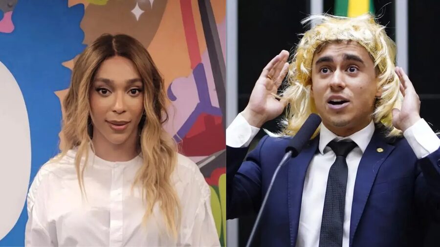 Montagem lado a lado comparando Erika Hilton, à esquerda, e Nikolas Ferreira usando peruca loira durante o discurso na Câmara, à direita