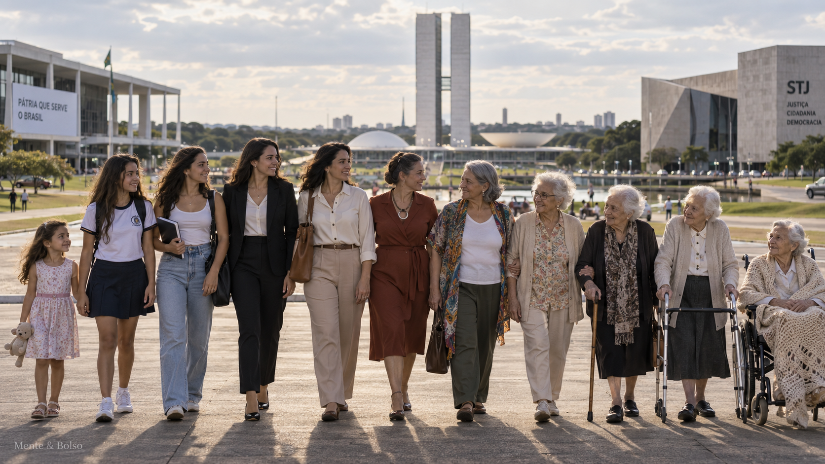 Grupo de mulheres brasileiras de diferentes gerações, da infância à velhice, caminhando juntas em frente ao Congresso Nacional em Brasília