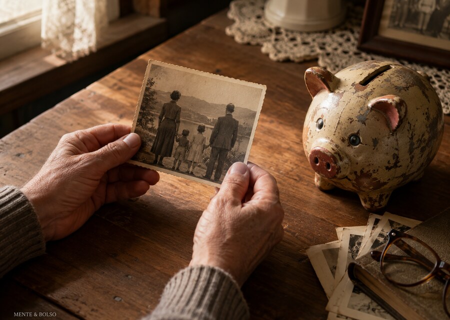 Mãos de uma pessoa segurando uma fotografia antiga de família ao lado de um cofrinho de porco desgastado pelo tempo, sobre uma mesa de madeira