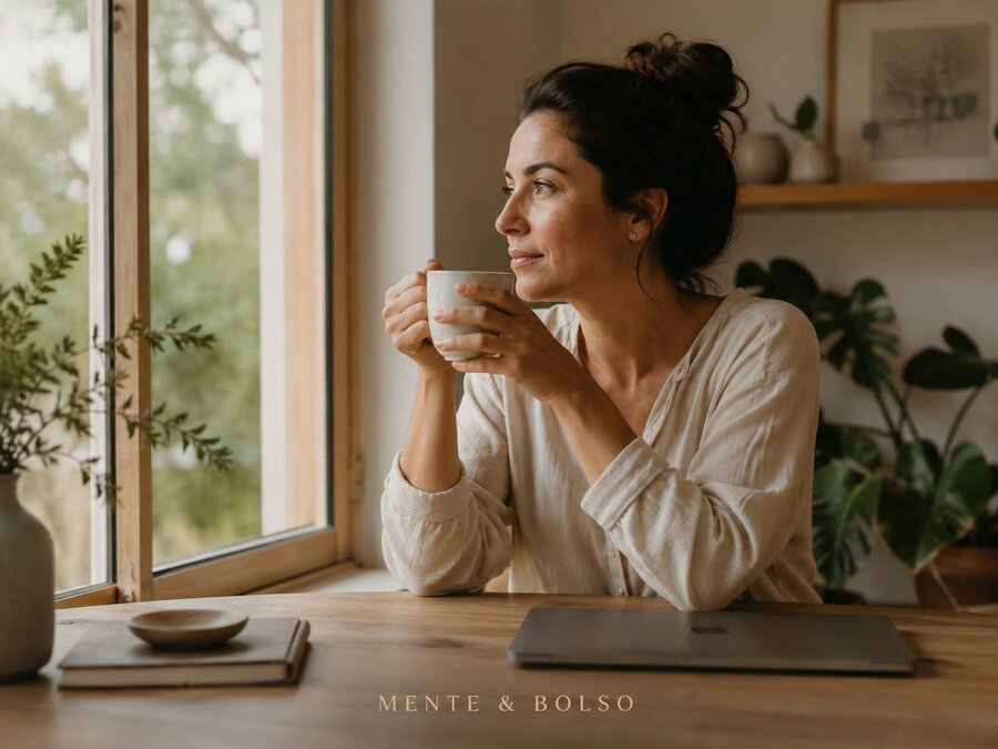 Mulher fazendo uma pausa consciente perto da janela, segurando uma xícara de café, notebook fechado ao lado