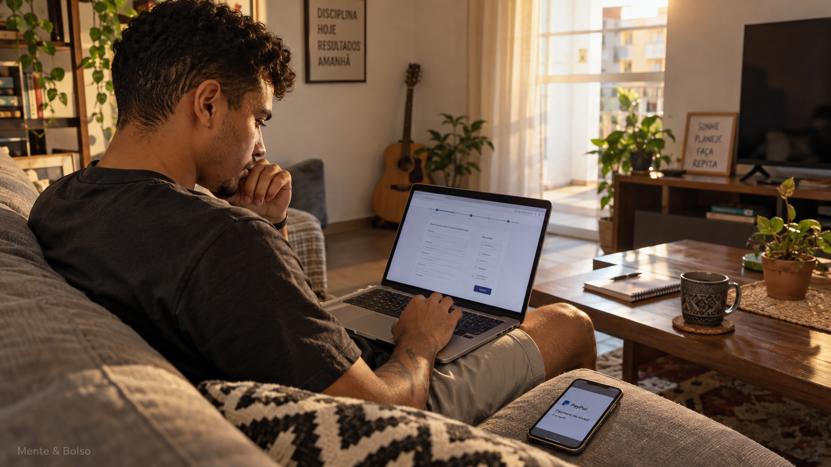 Homem sentado no sofá com o notebook no colo respondendo uma pesquisa em inglês, com uma notificação de pagamento recebido pelo PayPal no celular ao lado