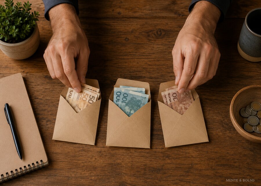 Mãos organizando notas de dinheiro em três pequenos envelopes separados sobre uma mesa de madeira
