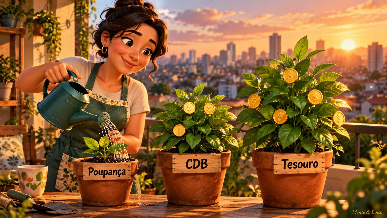 Ilustração 3D de uma mulher regando três vasos numa varanda ao pôr do sol, com plaquinhas escritas Poupança, CDB e Tesouro; a planta da poupança é pequena e as outras estão grandes e cheias de moedas douradas