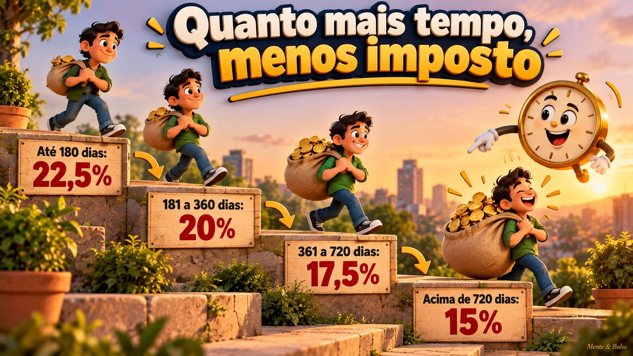 Ilustração 3D de uma escada com quatro degraus: até 180 dias, 22,5%; de 181 a 360 dias, 20%; de 361 a 720 dias, 17,5%; acima de 720 dias, 15%. Um personagem desce com um saco de moedas cada vez mais cheio, sob o título Quanto mais tempo, menos imposto