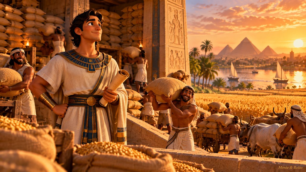 Ilustração 3D épica de José no antigo Egito, segurando um papiro e supervisionando um celeiro cheio de sacos de trigo, com trabalhadores sorridentes, campos dourados, o rio Nilo e pirâmides ao pôr do sol
