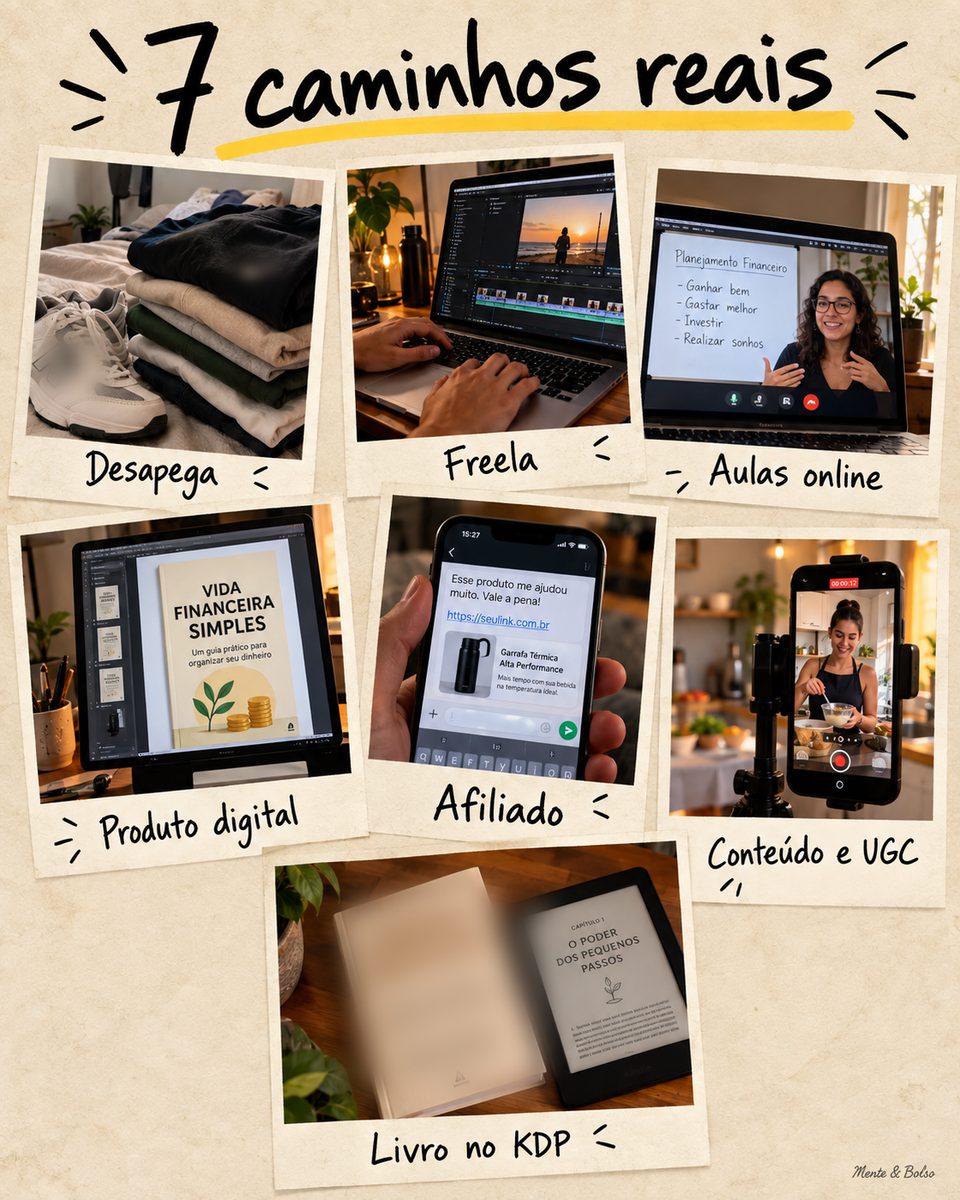 Colagem estilo photo dump com sete fotos e legendas escritas à mão: desapega, freela, aulas online, produto digital, afiliado, conteúdo e UGC, livro no KDP, sob o título 7 caminhos reais