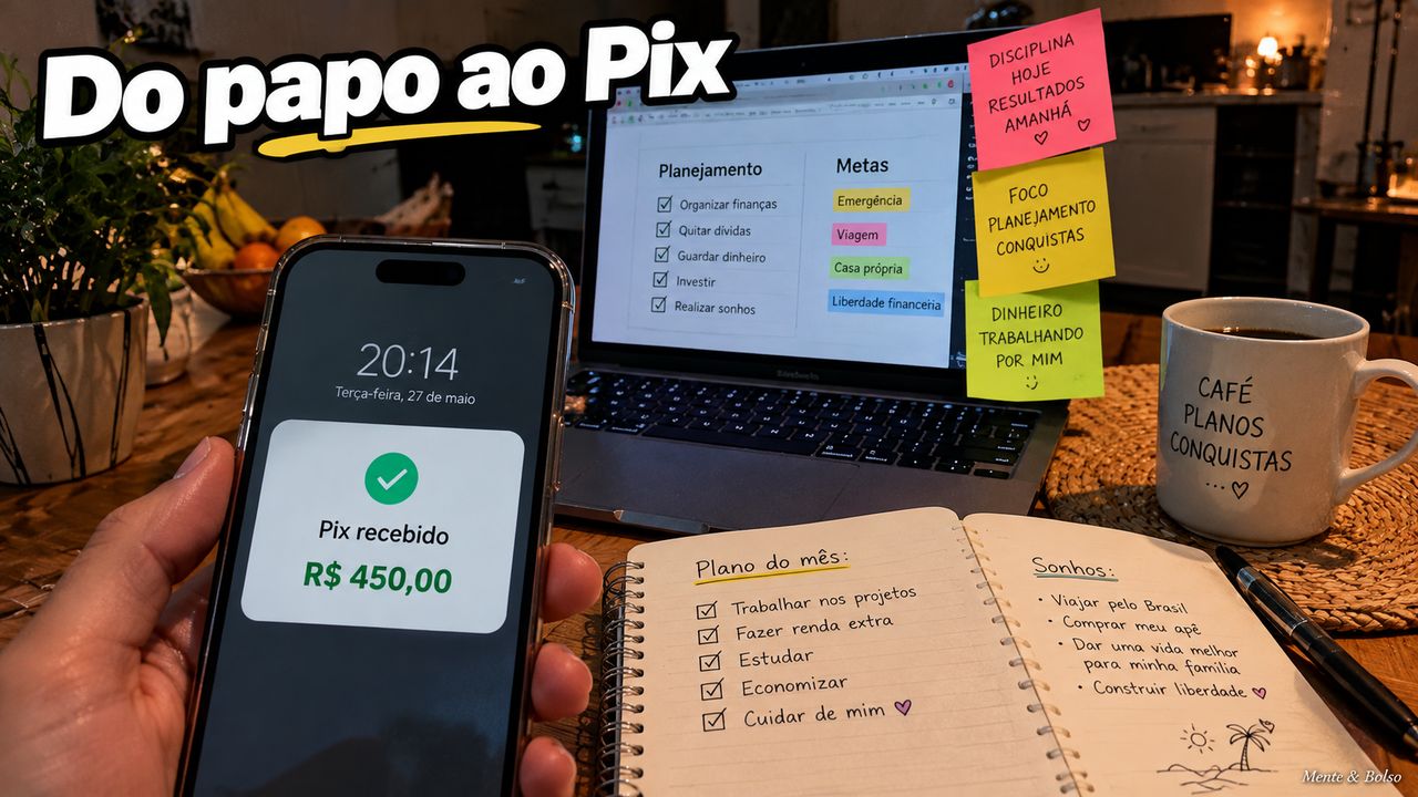 Mesa de cozinha à noite com notebook, post-its, caderno de planos e uma mão segurando o celular com a notificação Pix recebido, sob o título Do papo ao Pix