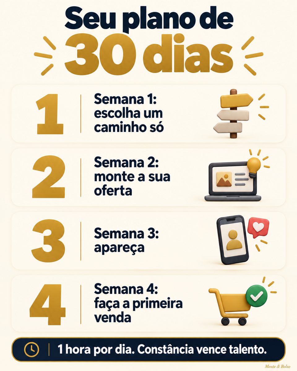 Seu plano de 30 dias: semana 1, escolha um caminho só; semana 2, monte a sua oferta; semana 3, apareça; semana 4, faça a primeira venda. 1 hora por dia, constância vence talento