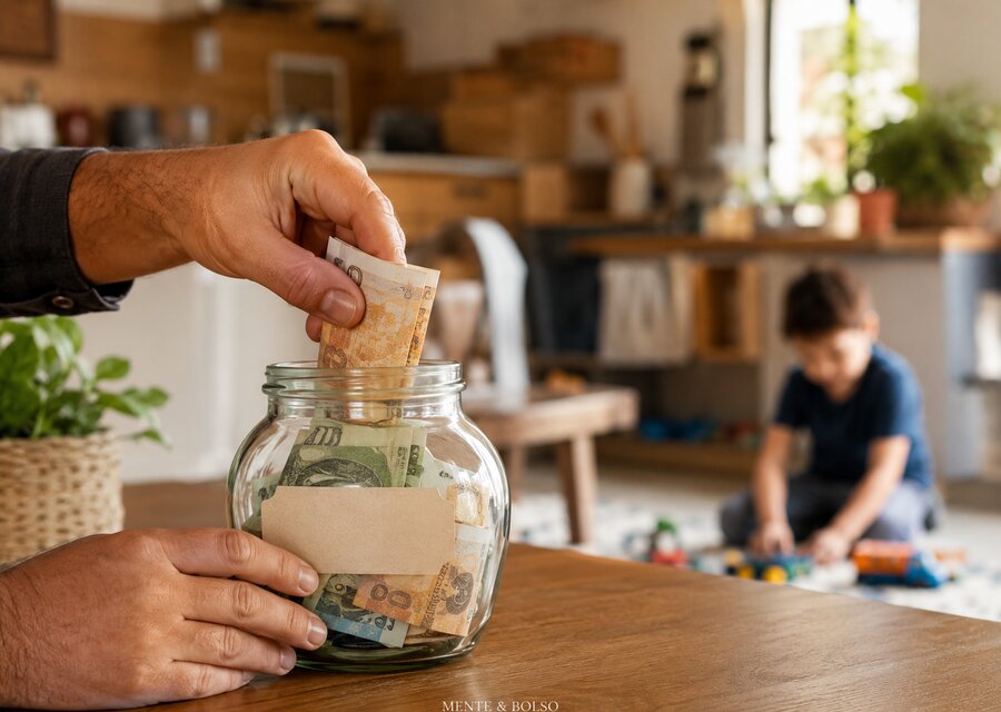 Mãos colocando notas de dinheiro dentro de um pote de vidro sobre a mesa, criança brincando desfocada ao fundo