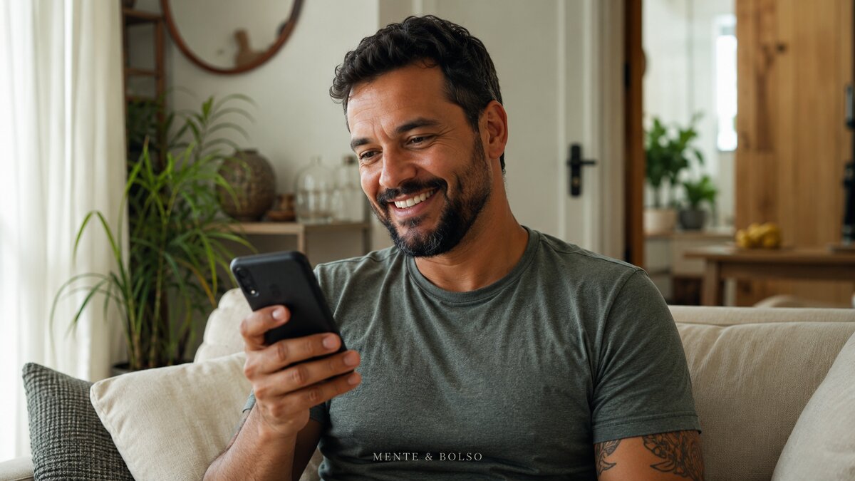 Homem sorrindo ao ver no celular a notificação de que sua restituição do Imposto de Renda foi liberada
