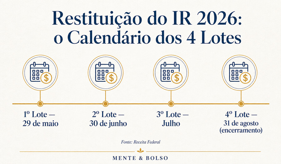 Infográfico com linha do tempo dos 4 lotes de restituição do IR 2026: 29 de maio, 30 de junho, julho e 31 de agosto (encerramento)
