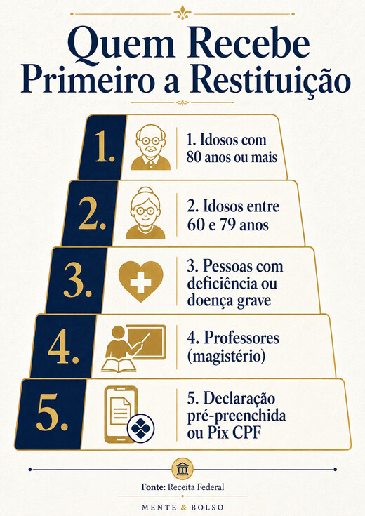 Infográfico em formato de pirâmide mostrando a ordem de prioridade da restituição do IR: idosos 80+, idosos 60-79, pessoas com deficiência ou doença grave, professores, declaração pré-preenchida ou Pix CPF