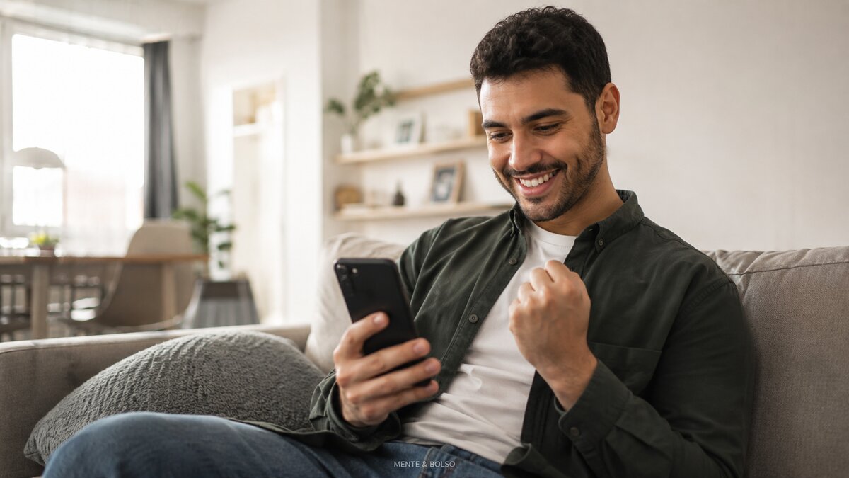 Homem sorrindo e comemorando ao ver o celular, sentado no sofá em casa, satisfeito com uma boa notícia financeira