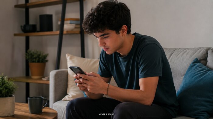 Jovem sentado no sofá em casa, consultando o celular com expressão de interesse e concentração