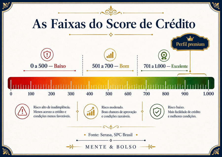 Infográfico com uma régua colorida mostrando as faixas do score de crédito de 0 a 1.000: baixo, bom e excelente