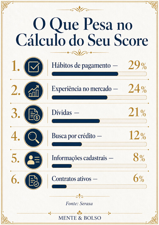 Infográfico com os seis fatores que pesam no cálculo do score de crédito: hábitos de pagamento 29%, experiência no mercado 24%, dívidas 21%, busca por crédito 12%, informações cadastrais 8%, contratos ativos 6%