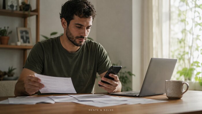 Homem em casa organizando boletos e conferindo o celular ao lado do notebook, cuidando das contas em dia