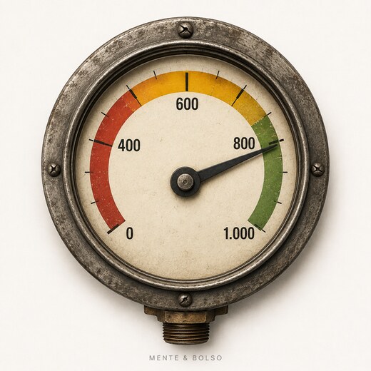 Ilustração de um velocímetro vintage numerado de 0 a 1.000, com o ponteiro apontando para a faixa verde alta, representando um score de crédito excelente