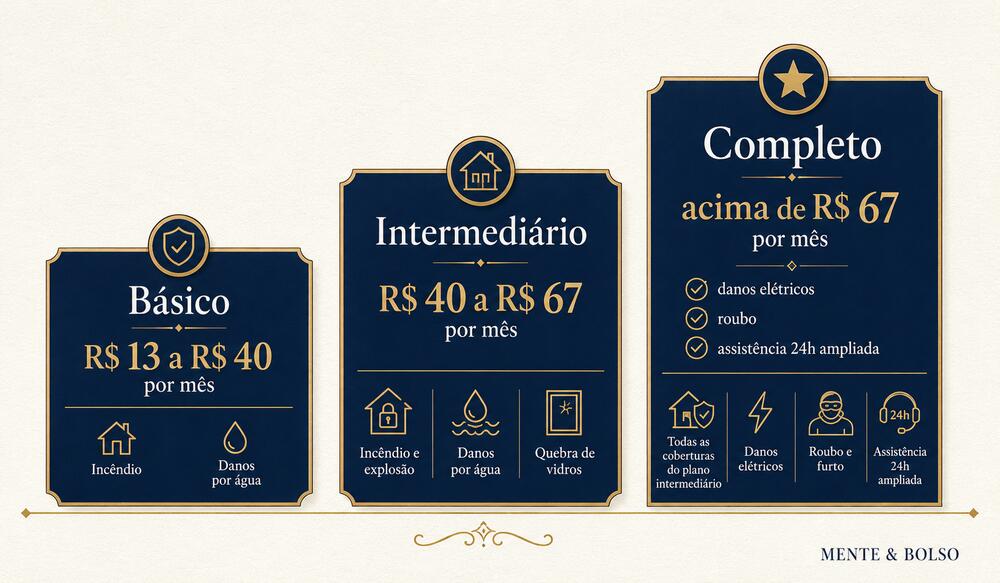 Infográfico comparando três faixas de preço de seguro residencial: básico, intermediário e completo, com as coberturas de cada nível