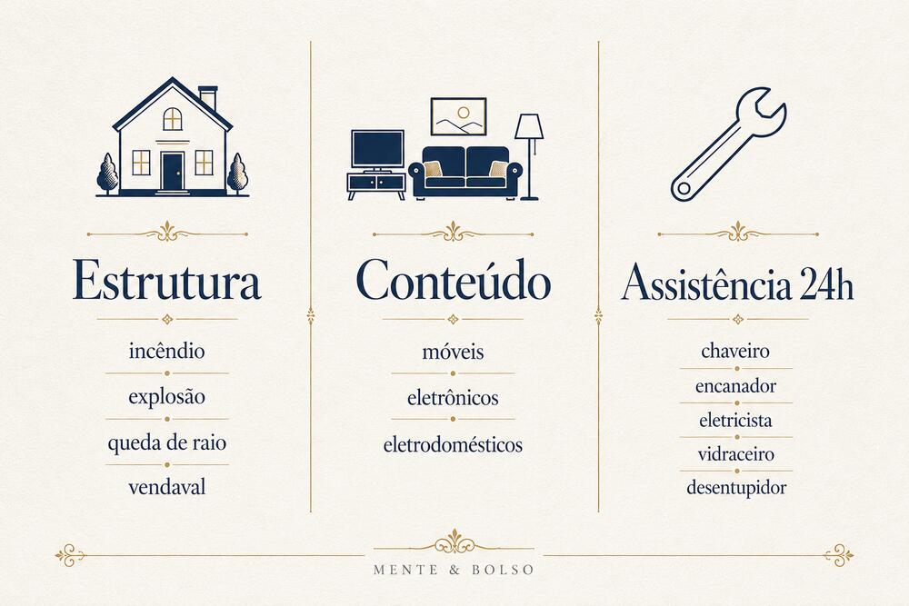 Infográfico comparando o seguro habitacional, obrigatório no financiamento, com o seguro residencial, opcional e mais completo