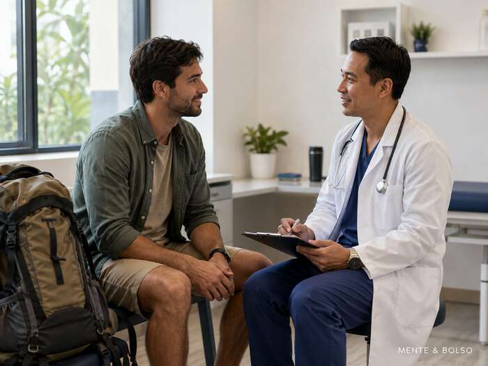 Viajante conversando com tranquilidade com um médico em uma clínica no exterior, com a mochila de viagem ao lado