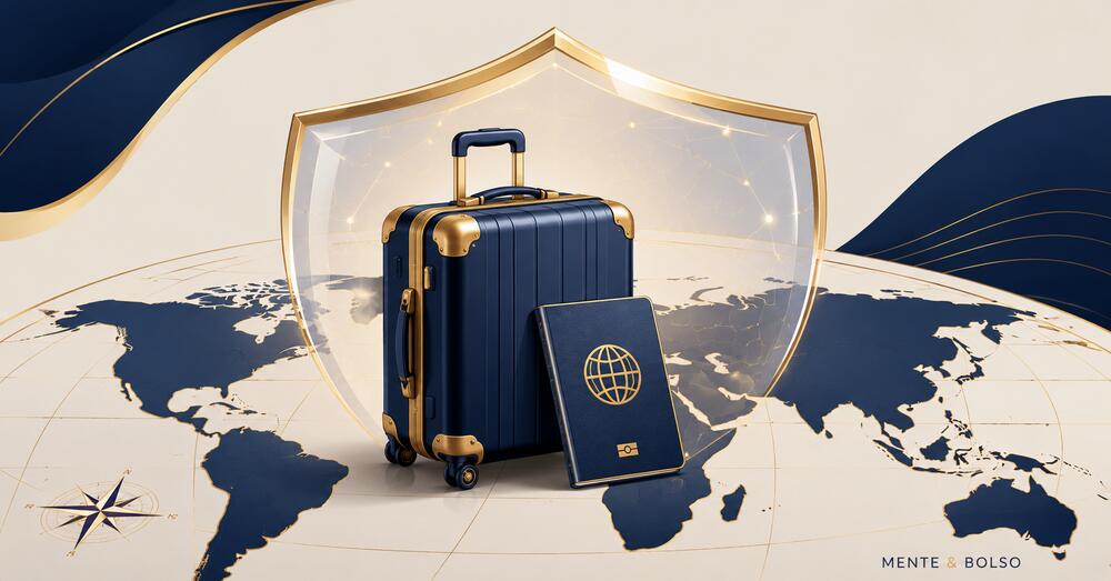 Ilustração de uma mala de viagem e um passaporte sobre um mapa-múndi, com um escudo translúcido dourado e azul-marinho ao fundo