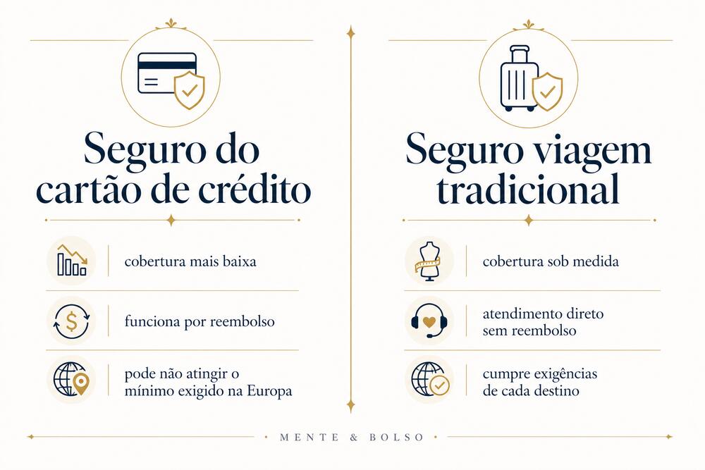 Infográfico comparando o seguro do cartão de crédito, com cobertura mais baixa e reembolso, com o seguro viagem tradicional, com cobertura sob medida e atendimento direto