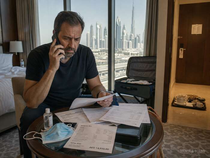 Homem preocupado ao telefone em um quarto de hotel em Dubai, cercado de faturas médicas, com a vista da cidade ao fundo