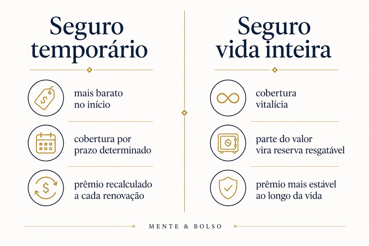 Infográfico dividido em quatro blocos: morte, invalidez, doenças graves e assistência funeral, com o que cada cobertura inclui