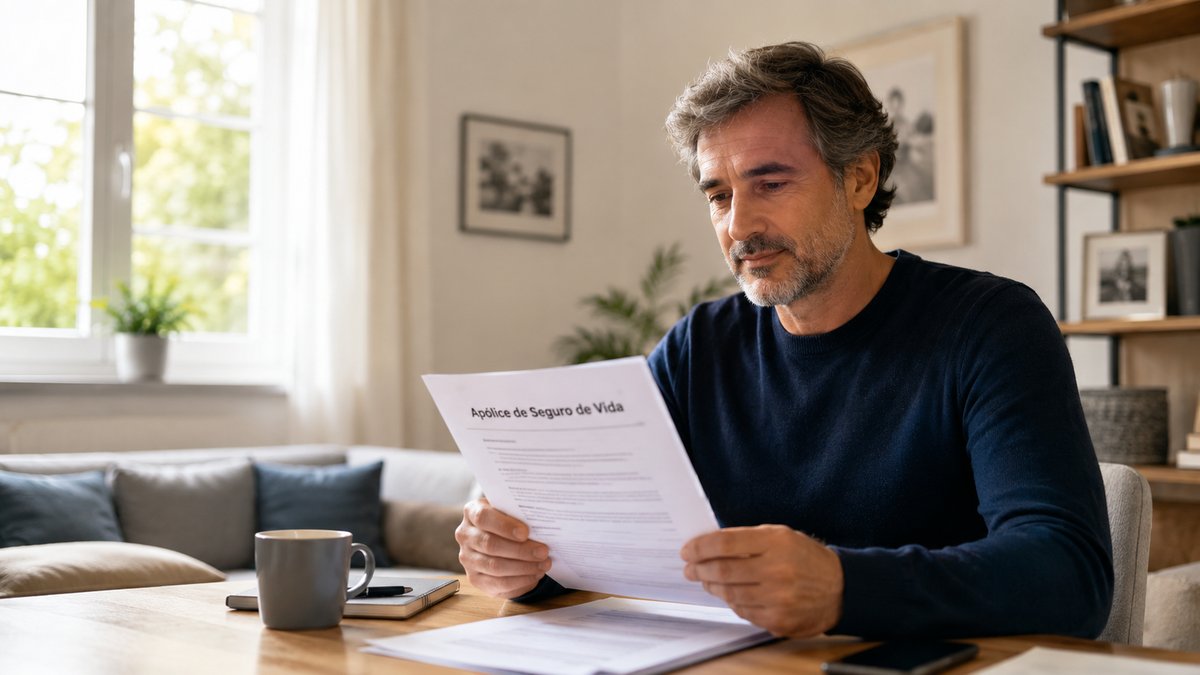 Pessoa lendo apólice de seguro de vida em casa, avaliando as coberturas do contrato
