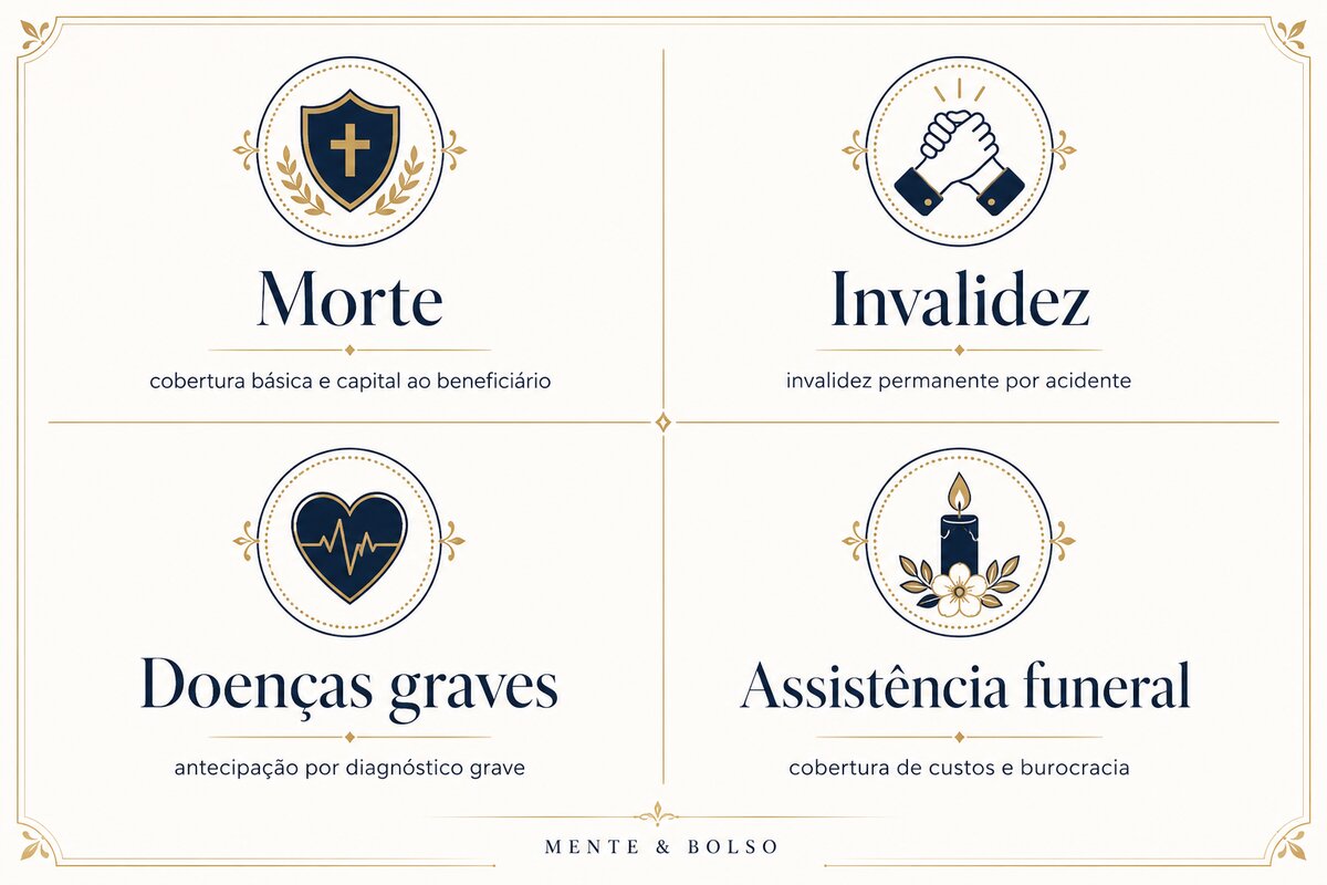 Infográfico comparando o seguro temporário, mais barato no início e com prazo determinado, com o seguro vida inteira, com cobertura vitalícia e reserva resgatável