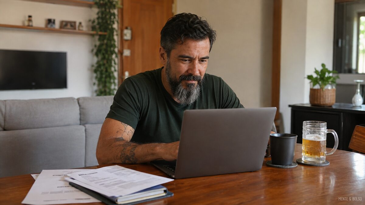 Homem pesquisando no notebook em casa, com papéis sobre a mesa, comparando opções de proteção de saúde