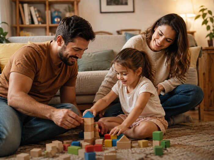 Família pequena brincando com blocos de montar na sala de casa, pai, mãe e filha sorrindo juntos