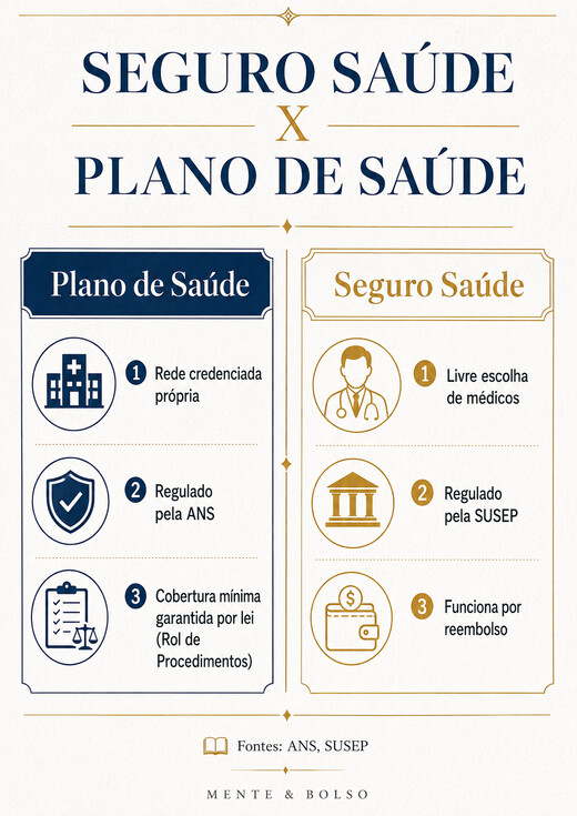 Infográfico comparativo entre plano de saúde e seguro saúde: plano de saúde tem rede credenciada própria, é regulado pela ANS e tem cobertura mínima garantida por lei; seguro saúde tem livre escolha de médicos, é regulado pela SUSEP e funciona por reembolso
