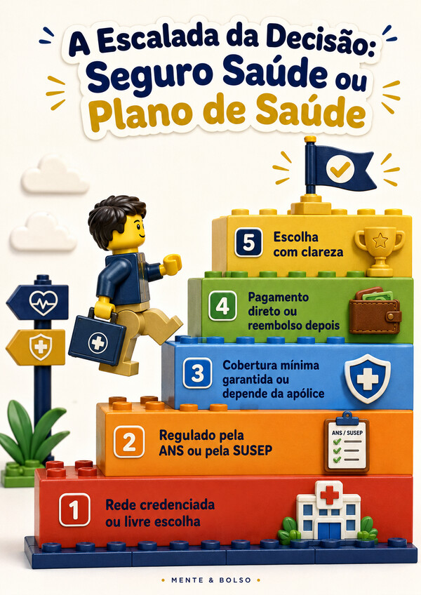 Infográfico ilustrado em estilo de blocos de montar mostrando um bonequinho subindo uma escada, com cada degrau representando um passo da decisão entre seguro saúde e plano de saúde