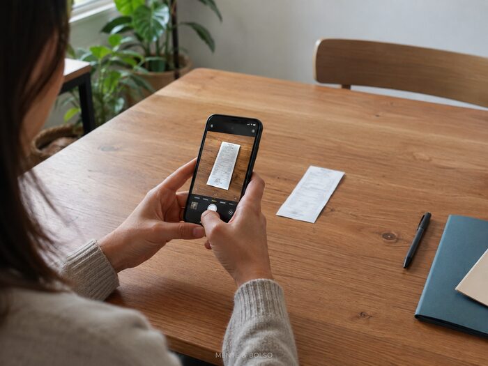 Mulher fotografando com o celular um recibo médico em cima da mesa de casa para enviar um pedido de reembolso