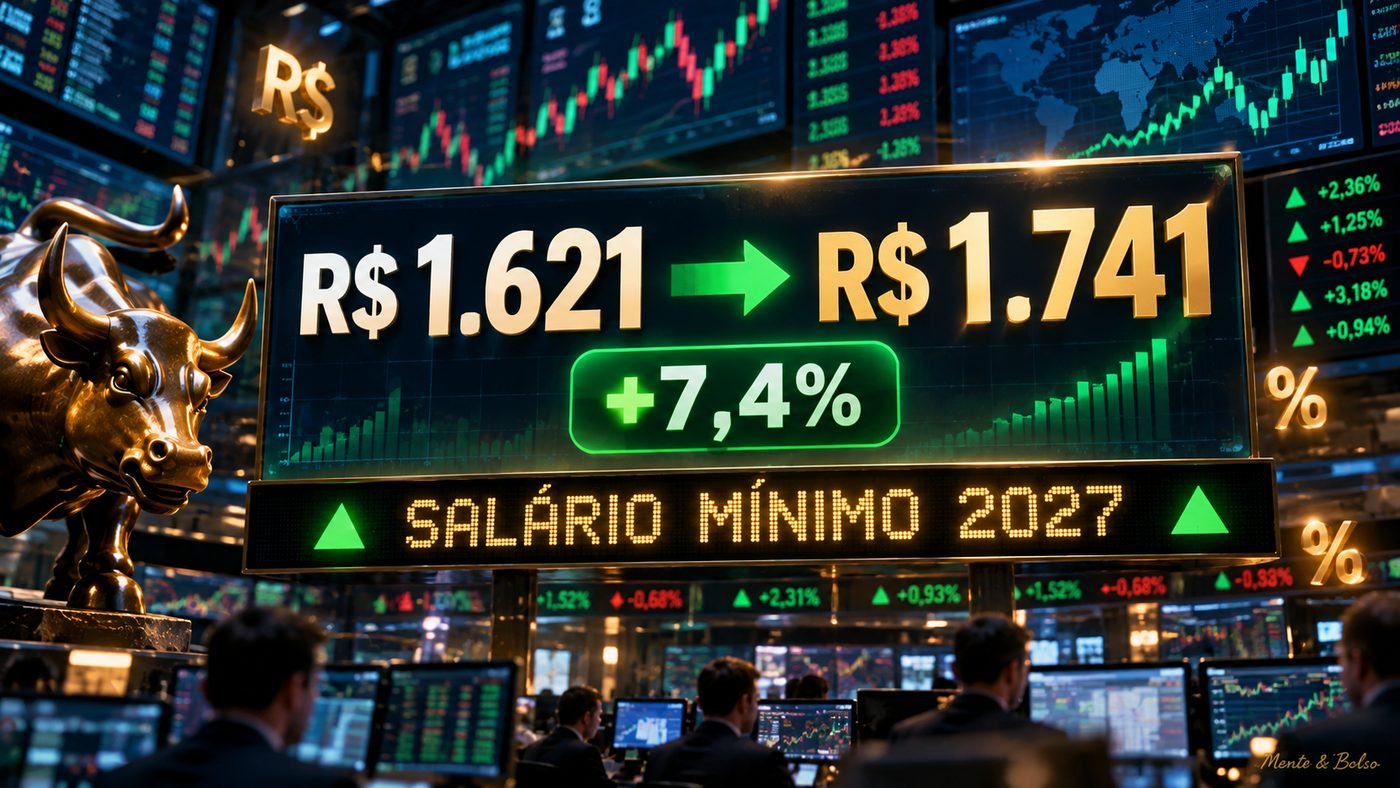 Painel de mercado financeiro mostrando a mudança do salário mínimo de R$ 1.621 para R$ 1.741, com o selo de alta de 7,4% e o letreiro Salário Mínimo 2027