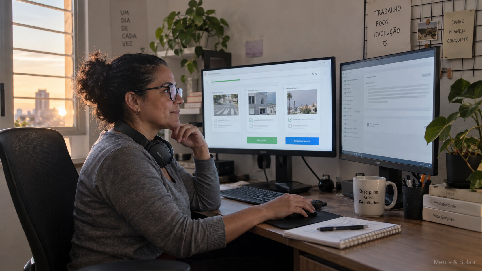 Mulher em home office concentrada em dois monitores, realizando microtarefas de treinamento de inteligência artificial
