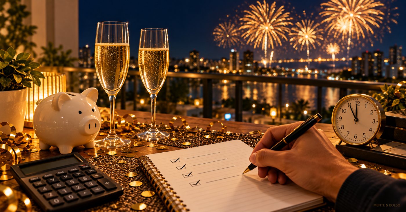 Mesa de varanda à noite com caderno de lista, calculadora, cofrinho, taças de espumante e relógio marcando quase meia-noite, com fogos de artifício dourados ao fundo