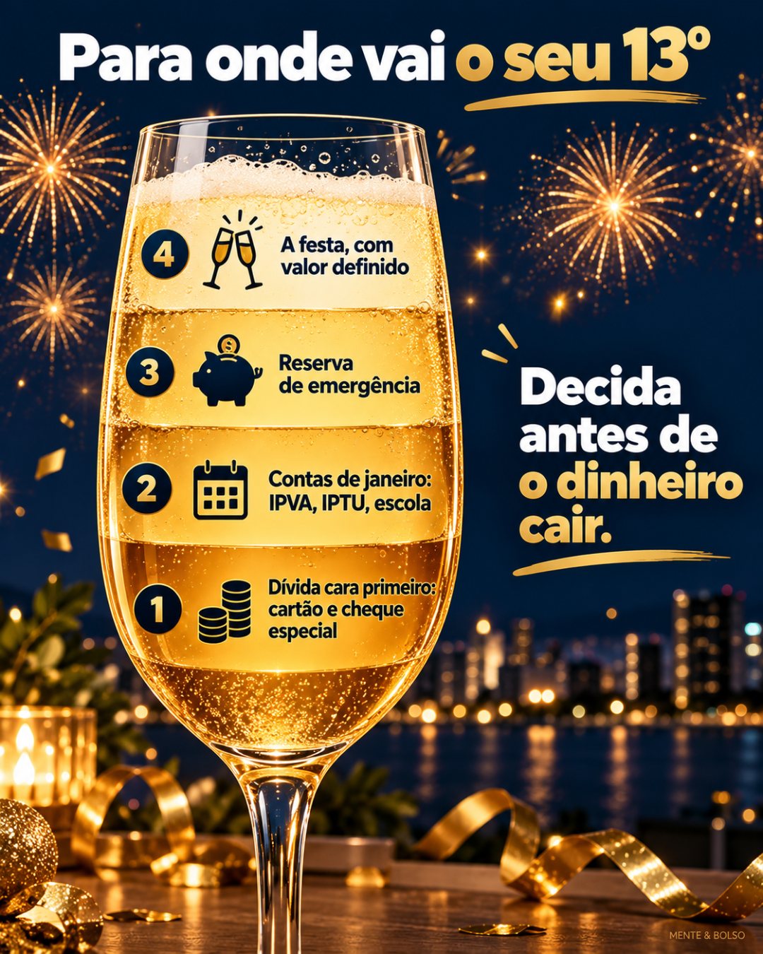 Infográfico em forma de taça de espumante dividida em quatro camadas: dívida cara primeiro, contas de janeiro, reserva de emergência e a festa com valor definido