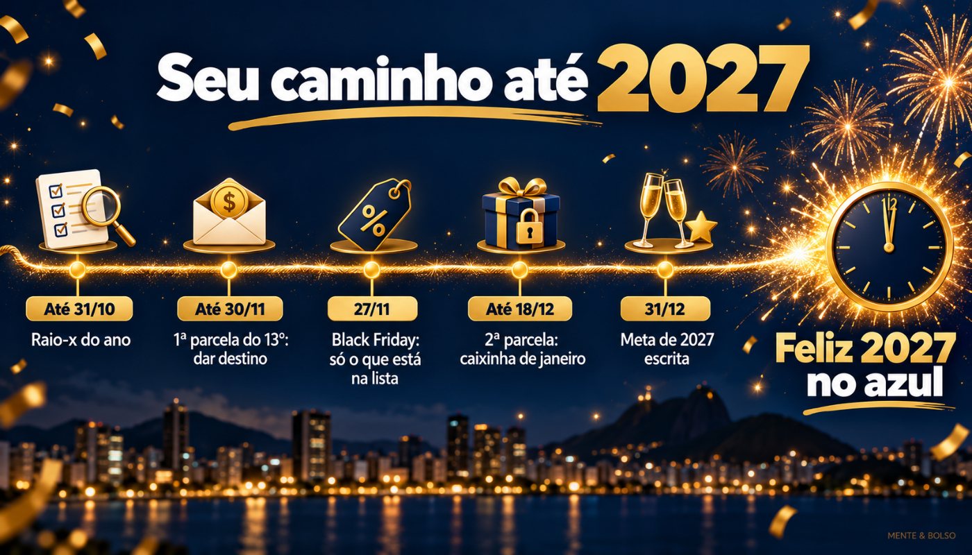 Infográfico em linha do tempo com os cinco marcos até 2027: raio-x do ano até 31/10, destino da 1ª parcela do 13º até 30/11, Black Friday em 27/11, caixinha de janeiro até 18/12 e meta de 2027 escrita em 31/12
